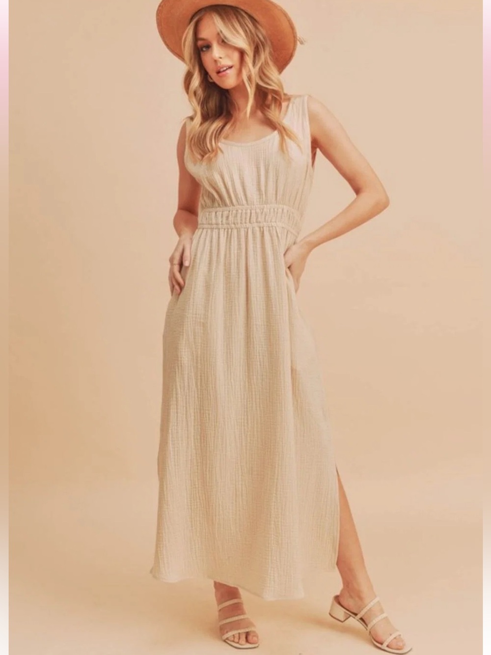 AEMI+CO Sleeveless Light Cream Maxi Dress with Elastic Waist and Back Cutout